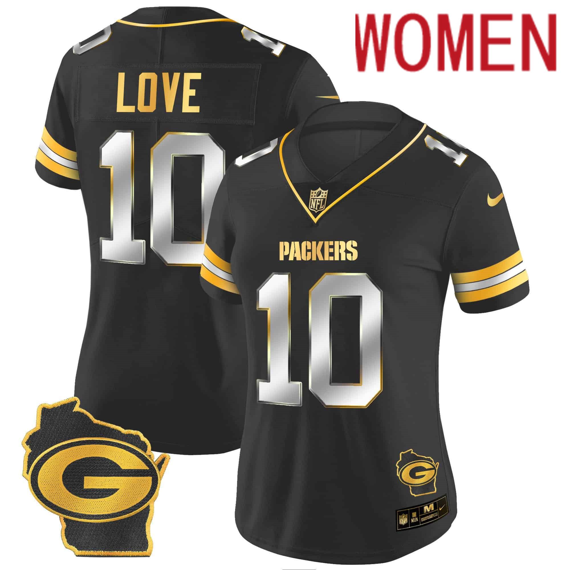 Women Green Bay Packers #10 Love Black Gold 2024 Nike Home Patch Vapor NFL Jersey style 1
